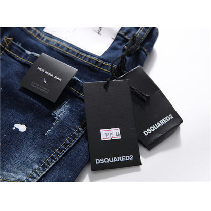 Men slim denim trousers zipper blue hole Pencil Pants