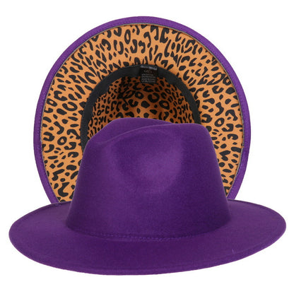 Double-sided Color-blocking Leopard Print Woolen Fedora Hat