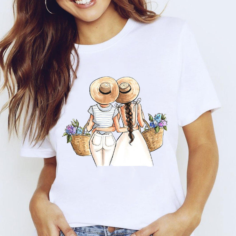 Travel Vacation Girl Fashion  Print T-shirt Short Sleeve