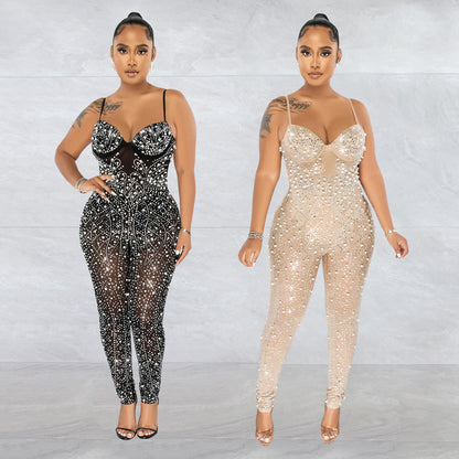 Pure Color Mesh Rhinestone Sleeveless Trousers Jumpsuit