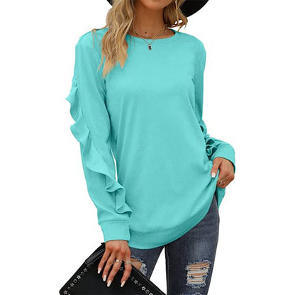 Women's Clothing Casual Round Neck Sweater Pleated Long Sleeve Top