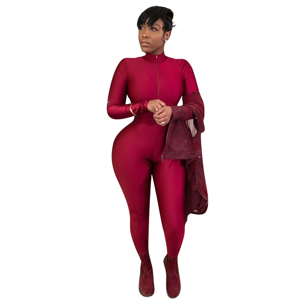 Women's Solid Color Long Zipper Tight-fitting Long-sleeved Jumpsuit