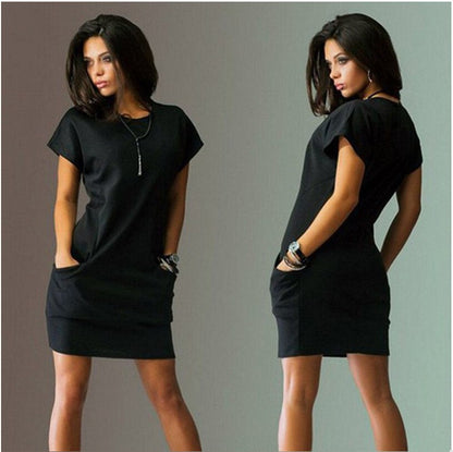 O-Neck Black Blue Dresses Slim Pocket Bodycon T Shirt Dress