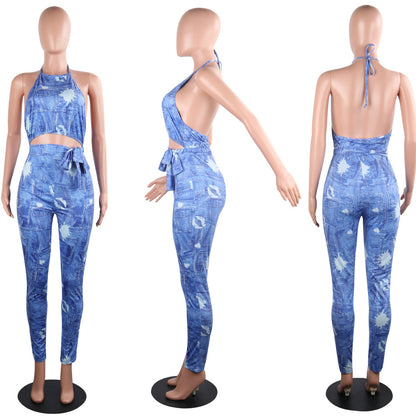 Sexy  back denim print jumpsuit