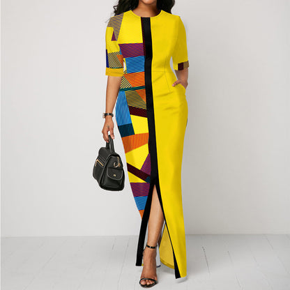 New Short Sleeve Printed Pocket Slit Maxi Dress