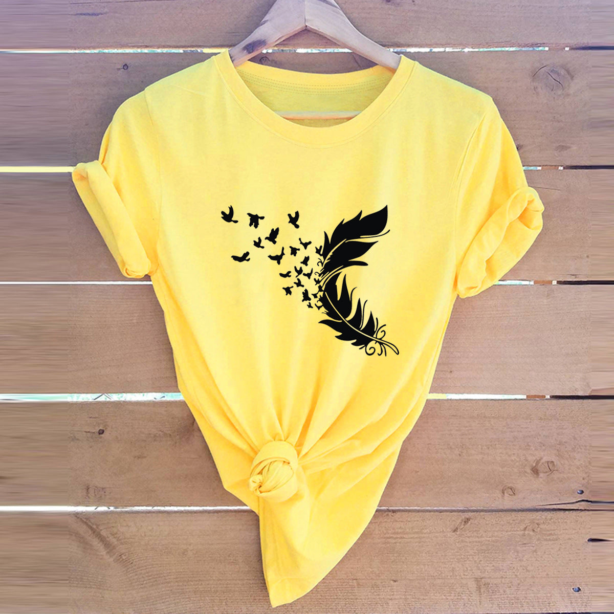 Summer Women Clothing New Feather Print T-Shirt