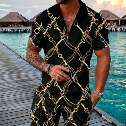 Men's Summer Fashion 3D Printed Short Sleeve Geometric Zip Lapel Shirt Set