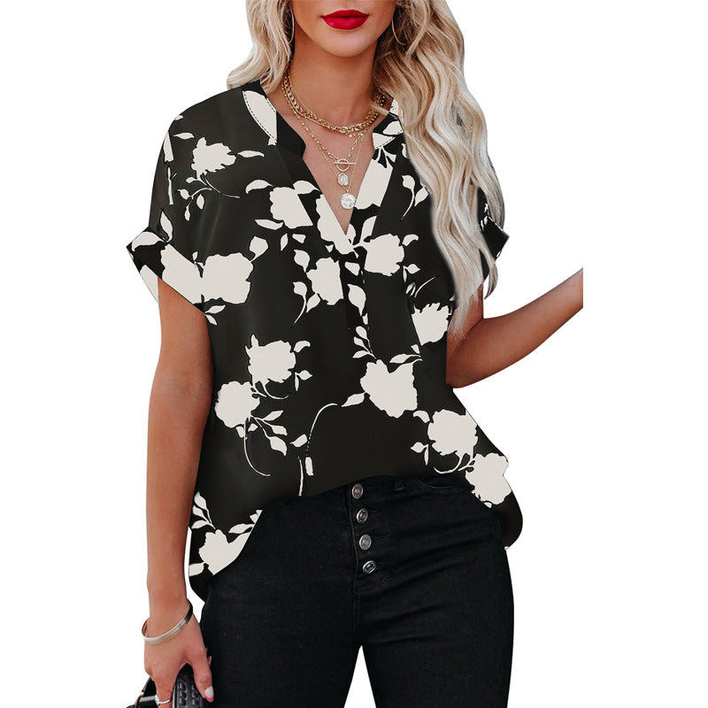 Summer Women's Clothing New Floral Print Short Sleeve Shirt