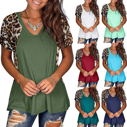 V-Neck Leopard Print Stitching Short-Sleeved T-Shirt