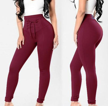 High Waist Sweatpants Lace up Long Pink Stretch Pencil Pants