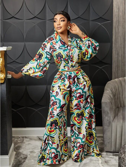 V-neck Printed High Waist Wide Leg Straight Jumpsuit