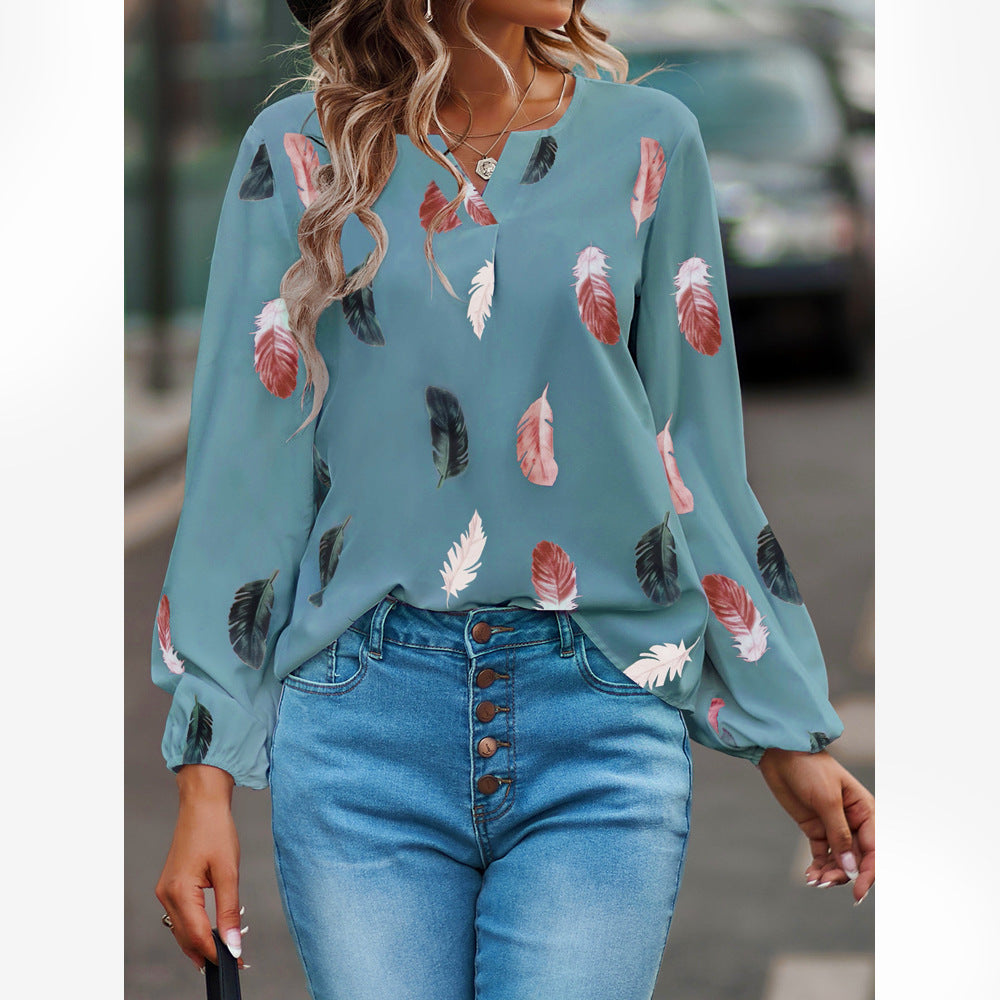 Feather Print Polo Shirt Long Lantern Sleeve Shirt Turndown Collar Breasted Top