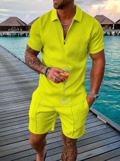 Men's 3D Printed Short Sleeve Geometric Zip Lapel Shirt Set