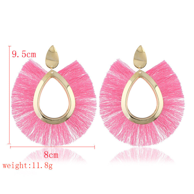 Women Fan-shaped Cotton Tassel Dangle Earring Jewelry