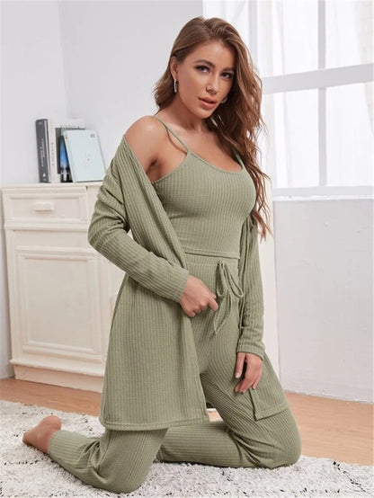 Waffle Knitted Suspenders Top And Trousers Robe Pajamas Three-piece Suit