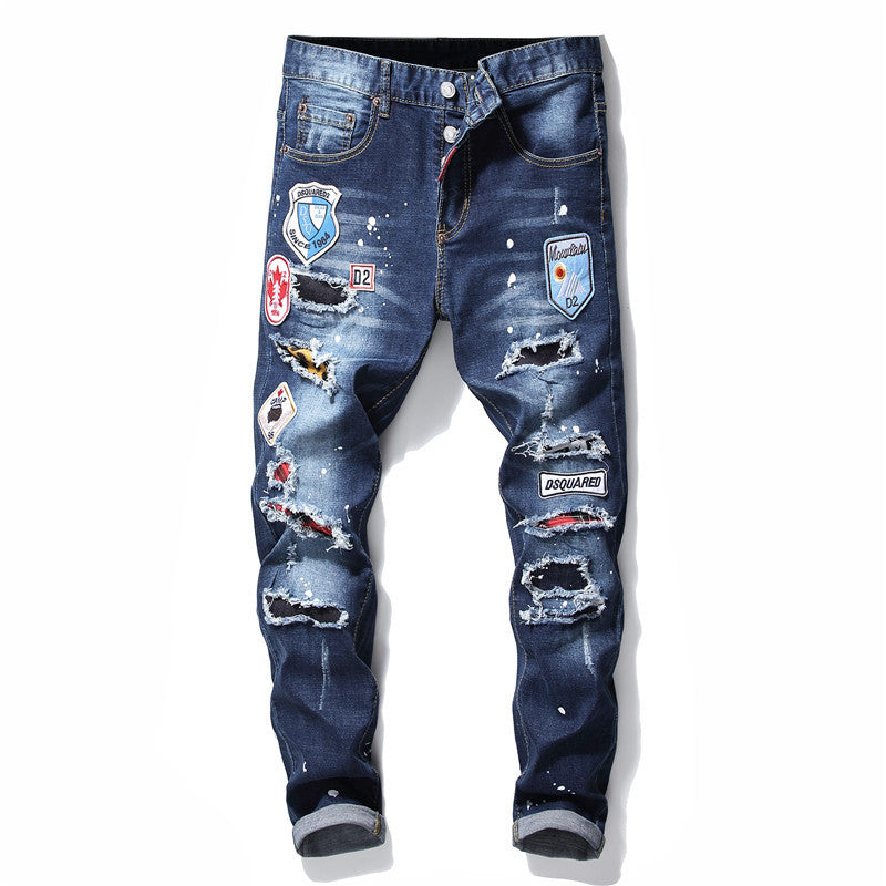 Men slim denim trousers zipper blue hole Pencil Pants