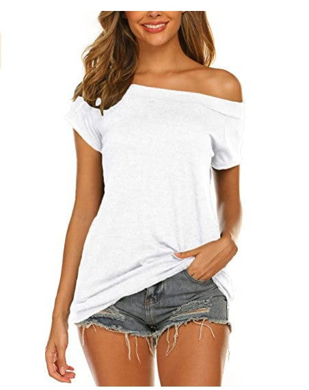 Women's Pullover Solid Color Short Sleeve Off-the-shoulder Loose-fitting Casual T-shirt