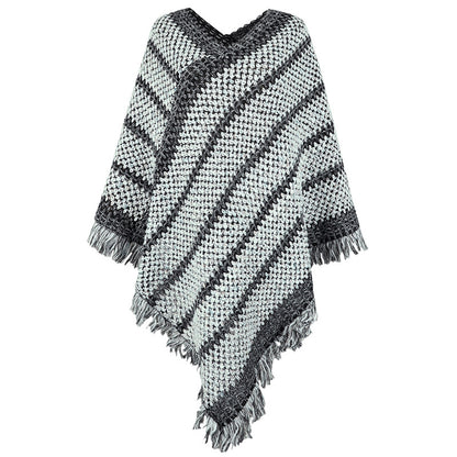 Contrast Color Striped Ethnic Style Tassel Pullover Cloak Shawl