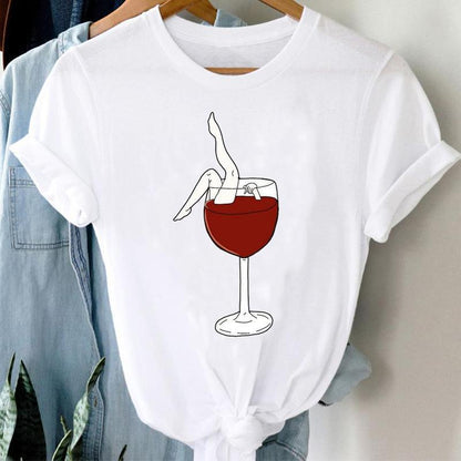 Women Printed Wine Lady Short Sleeve Casual