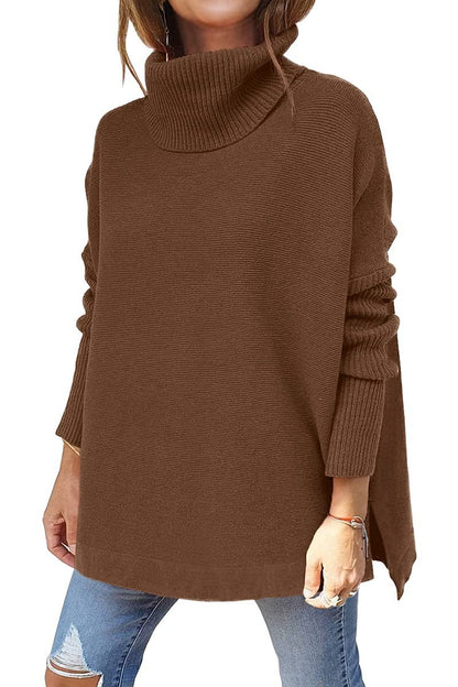 Turtleneck Sweater Mid Length Batwing Sleeve Slit Hem Tunic Pullover Sweaters