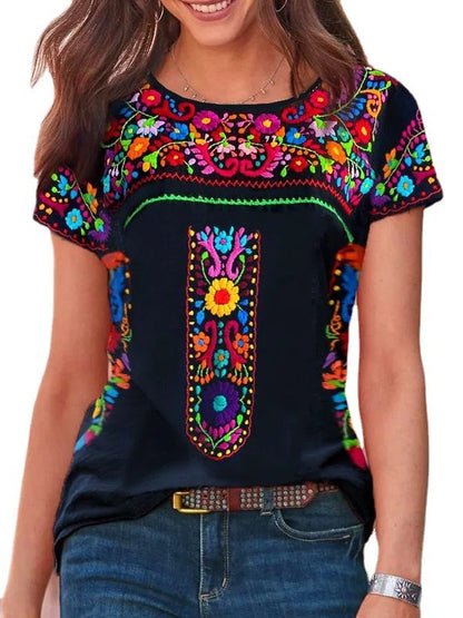 Women's Bohemian Print Round Neck Short Sleeve T-shirt