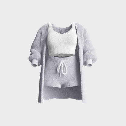 Thermal Three-piece Fluff Coat Spaghetti Strap Short Top Shorts Suit