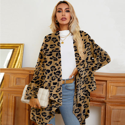 Women's Leopard Printed Irregular Hem Flannel Fashion Cardigan Coat