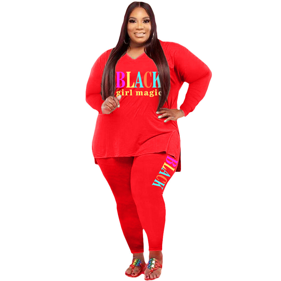 Women's Plus Size Sports And Leisure Printed Two-piece Suit