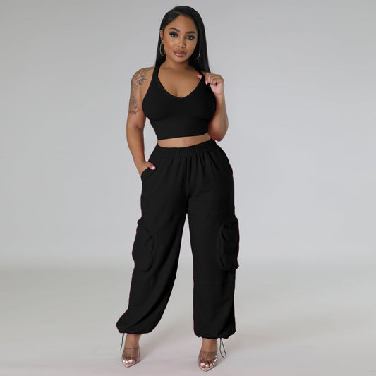 Sleeveless Vest Pocket Wide Leg Pants Casual Women's Two-piece Suit