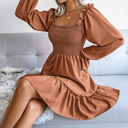 Flared Long Sleeve  Square Neck Ruffled Swing Dress