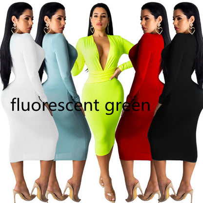 Fashion Deep V Neck Hip Dress Long Sleeve Dress