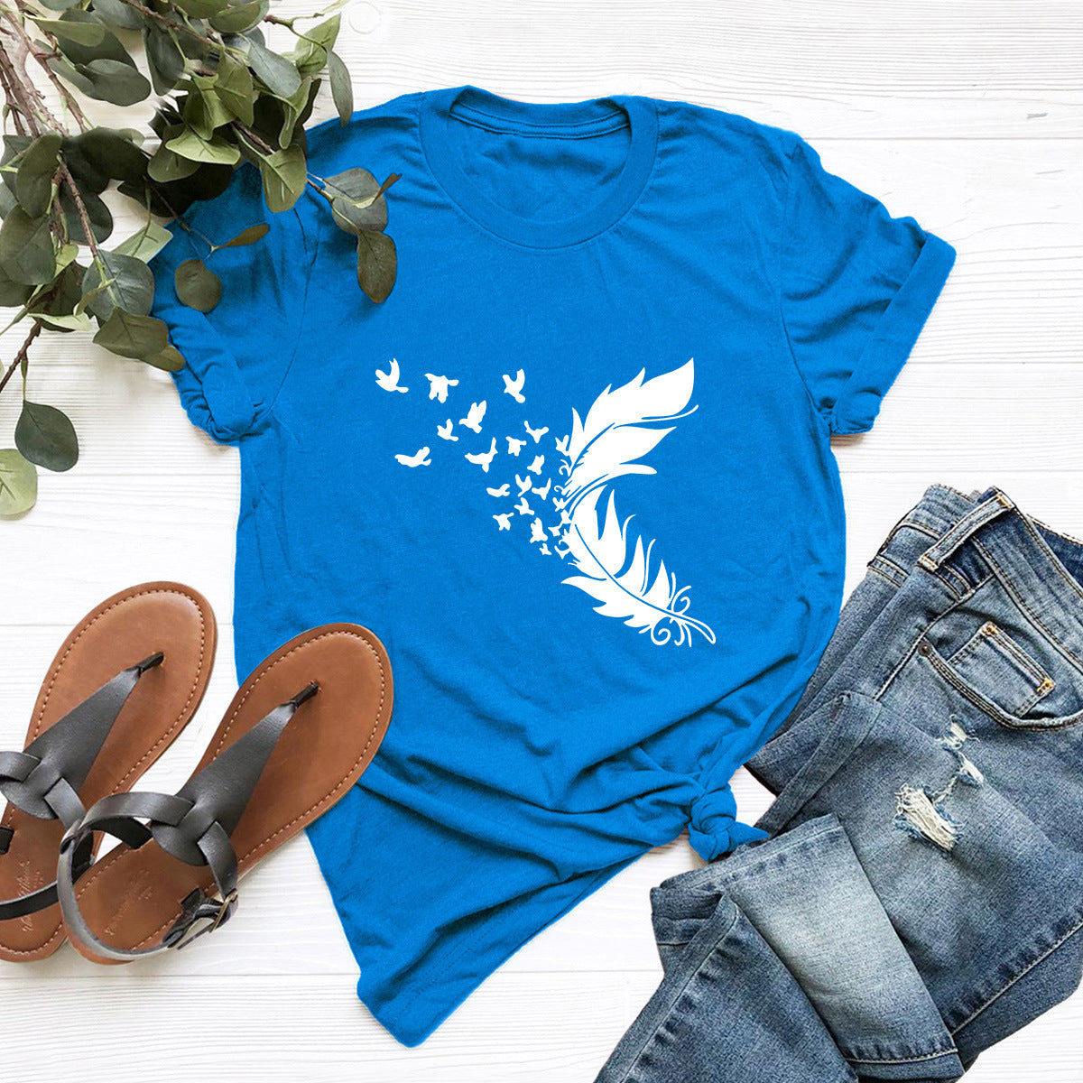 Summer Women Clothing New Feather Print T-Shirt