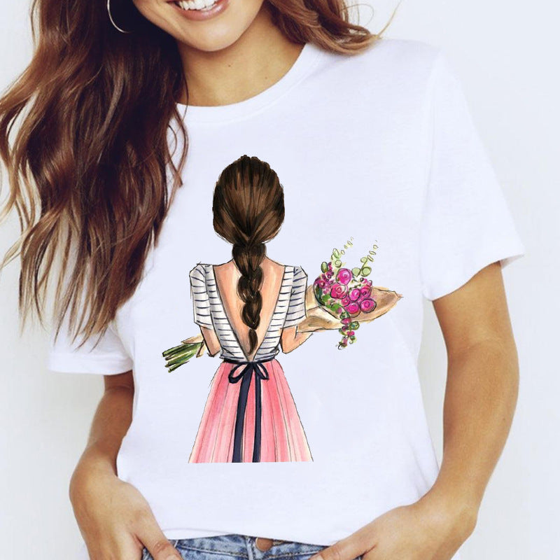 Travel Vacation Girl Fashion  Print T-shirt Short Sleeve