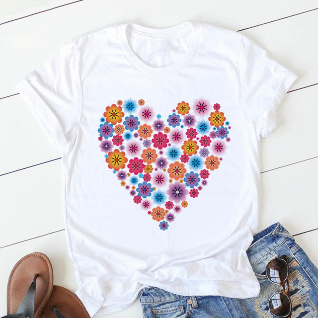 Fashion Flower Love Print Short Sleeve