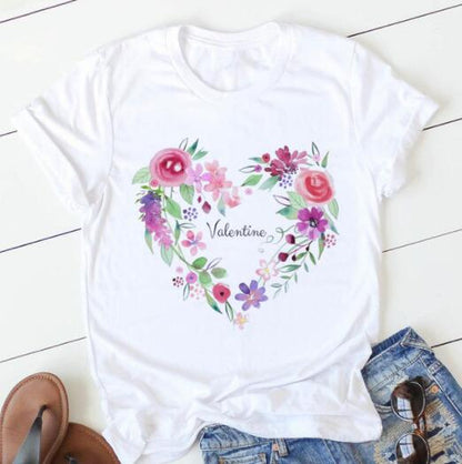 Fashion Flower Love Print Short Sleeve