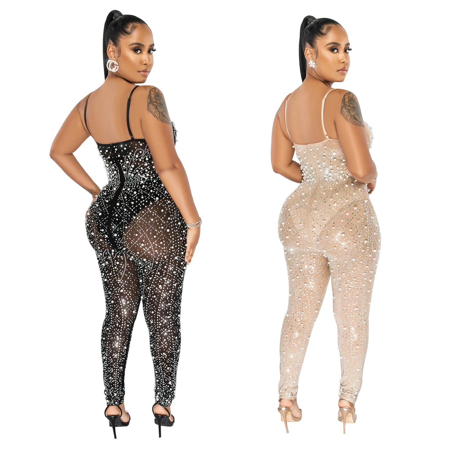 Pure Color Mesh Rhinestone Sleeveless Trousers Jumpsuit