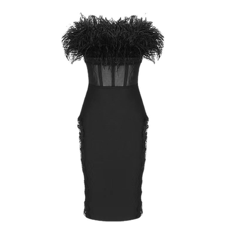 Sexy Tube Top Ostrich Feather Mesh Lace Bandage One-piece Dress