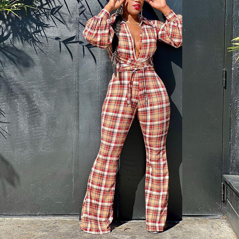 Women's Long-sleeved Printed Checks Jumpsuit