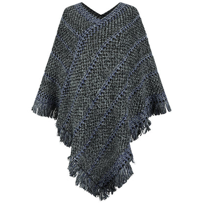 Contrast Color Striped Ethnic Style Tassel Pullover Cloak Shawl