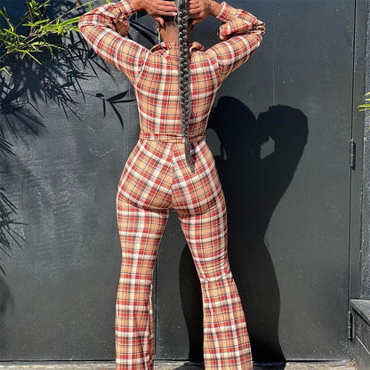 Women's Long-sleeved Printed Checks Jumpsuit