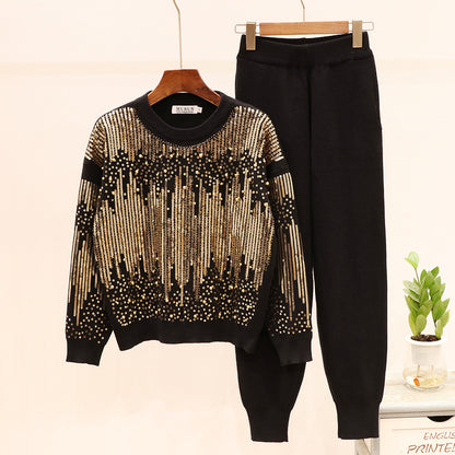 Sequined Beaded Long Sleeve Knitwear Casual Pants Set