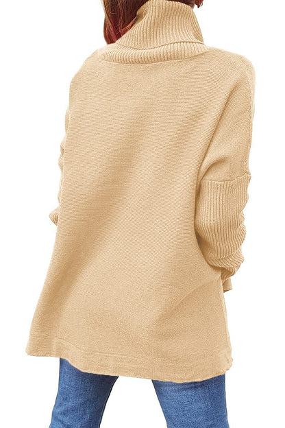 Turtleneck Sweater Mid Length Batwing Sleeve Slit Hem Tunic Pullover Sweaters