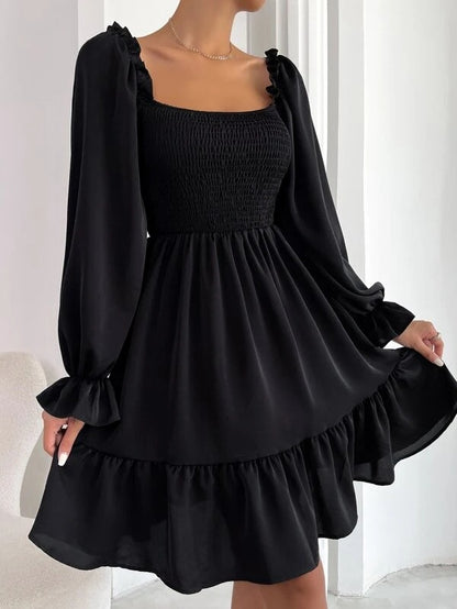 Flared Long Sleeve  Square Neck Ruffled Swing Dress