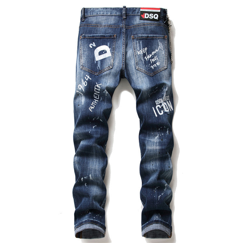 Men slim denim trousers zipper blue hole Pencil Pants