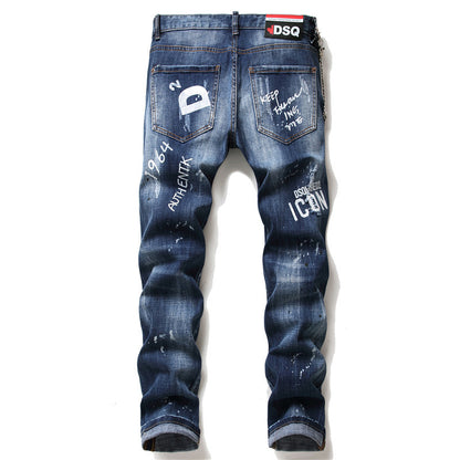 Men slim denim trousers zipper blue hole Pencil Pants