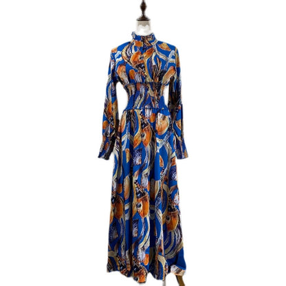 Women Clothing Fashion Printing Lapel Long Sleeve Dress