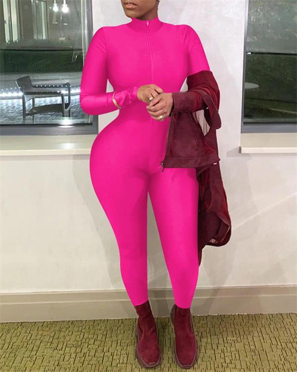 Women's Solid Color Long Zipper Tight-fitting Long-sleeved Jumpsuit