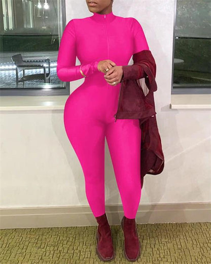 Women's Solid Color Long Zipper Tight-fitting Long-sleeved Jumpsuit