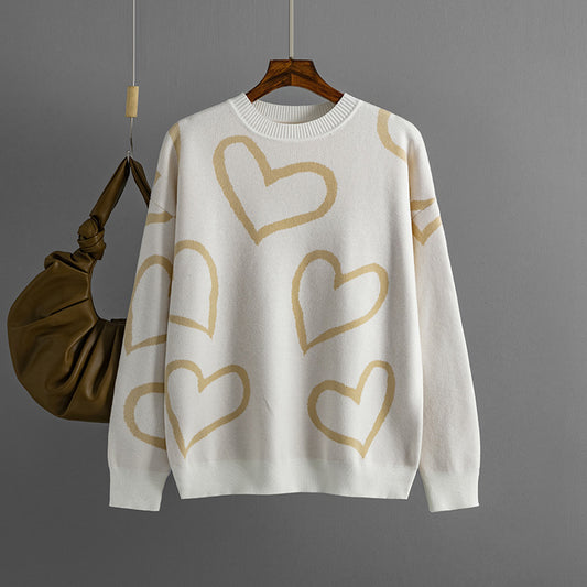 Women's Fashion Round Neck Heart Color Clash Sweater