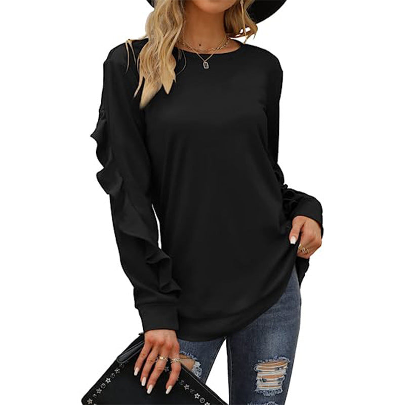 Women's Clothing Casual Round Neck Sweater Pleated Long Sleeve Top